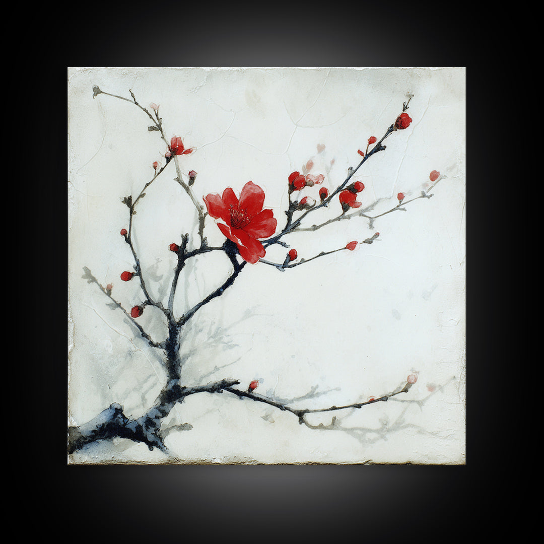 Black Branch with One Red Blossom Framed Canvas Print, Zen Art, Art Print, Living Room Decor, Fine Art, Zen, Boho Wall Decor, ZEN-1x1-33