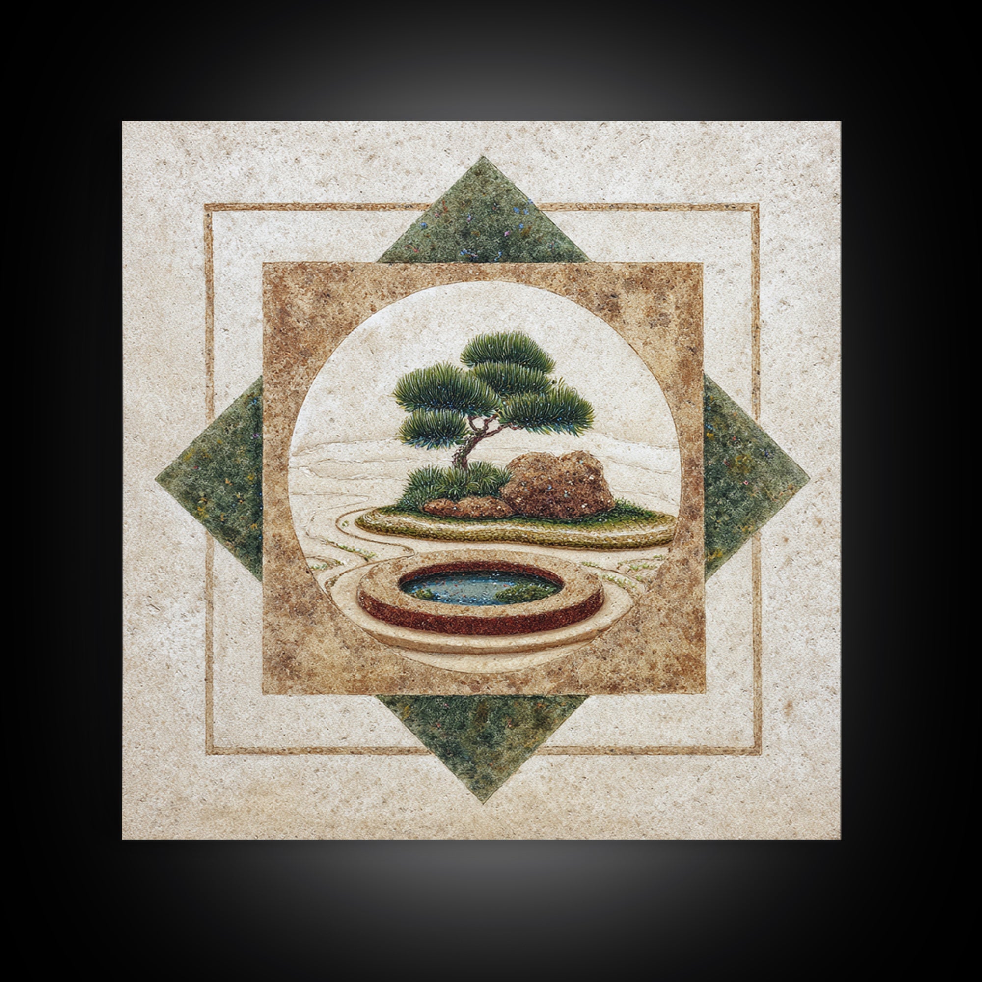 Raked Sand Garden Pattern from Above Framed Canvas Print, Zen Art, Artist, Living Room Decor, Watercolor Art, Zen, ZEN-1x1-6