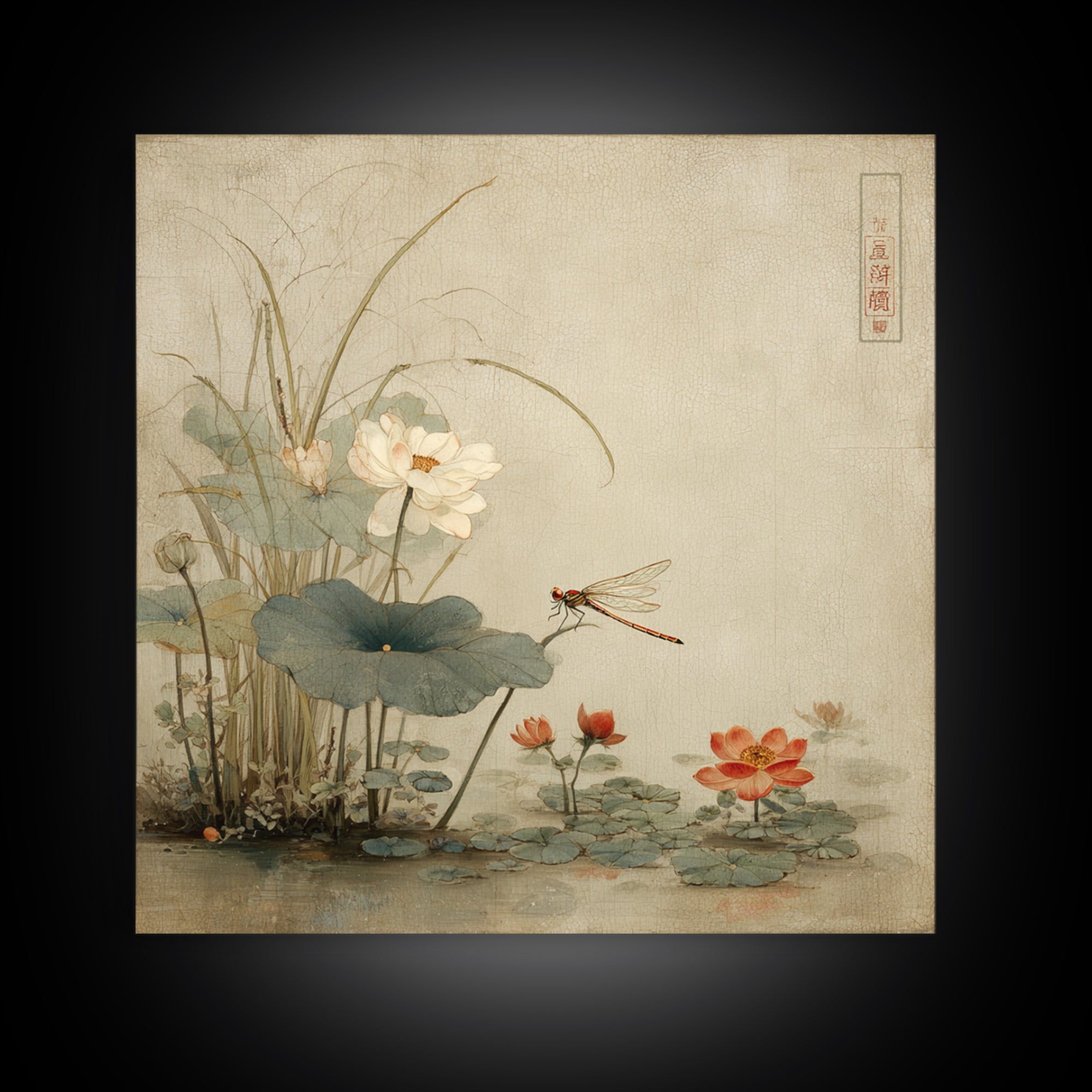 Dragonfly over Lotus Pond Framed Canvas Print, Zen Art, Japandi Wall Art, Living Room Decor, Fine Art, Zen, Neutral Decor, ZEN-1x1-64