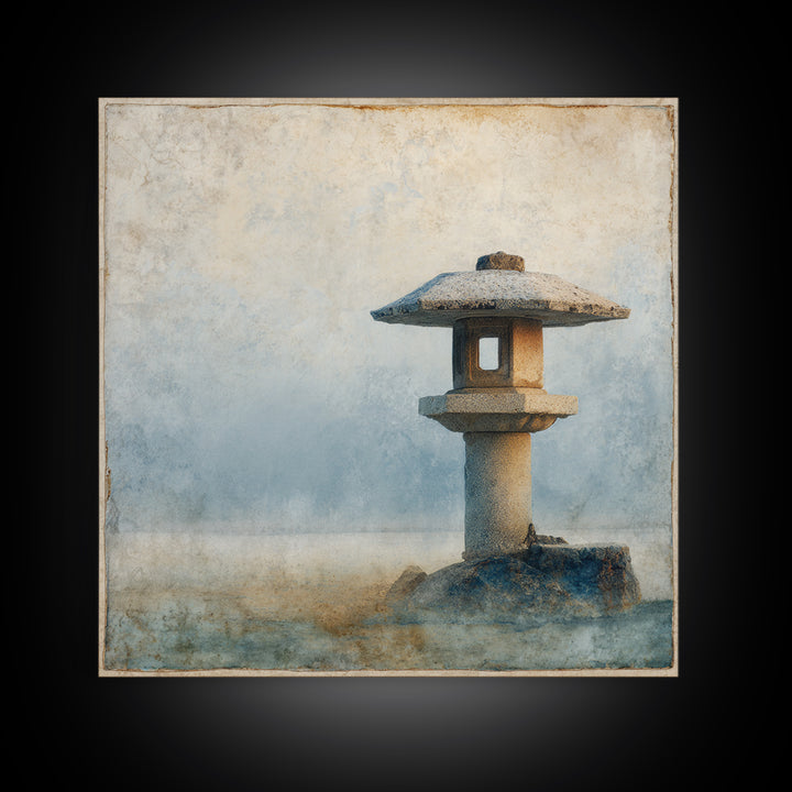 Stone Lantern in Morning Fog Without Garden Framed Canvas Print, Zen Art, Contemporary Art, Living Room Decor, Fine Art, Zen, ZEN-1x1-66