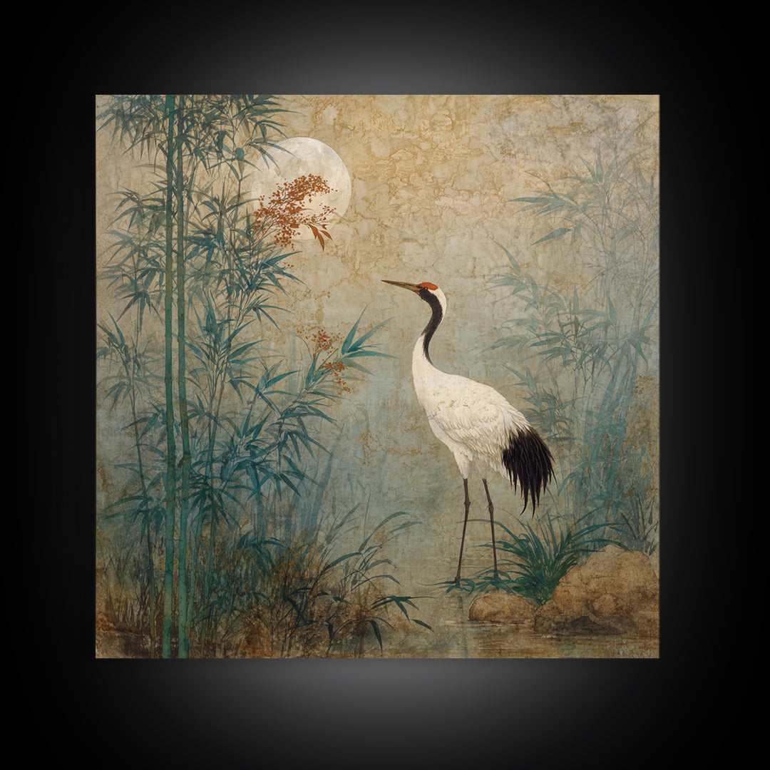 White Crane Standing Framed Canvas Print, Zen Art, Luxury Decor, Living Room Decor, Oil Painting, Zen, Large Wall Art, ZEN-1x1-79