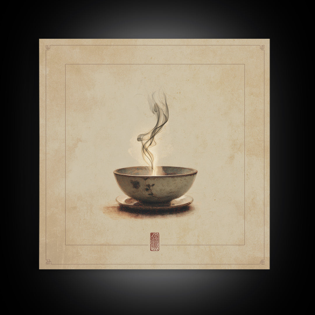 Tea Bowl with Steam Rising Gently Framed Canvas Print, Zen Art, Statement Artwork, Living Room Decor, Fine Art, Zen, ZEN-1x1-80