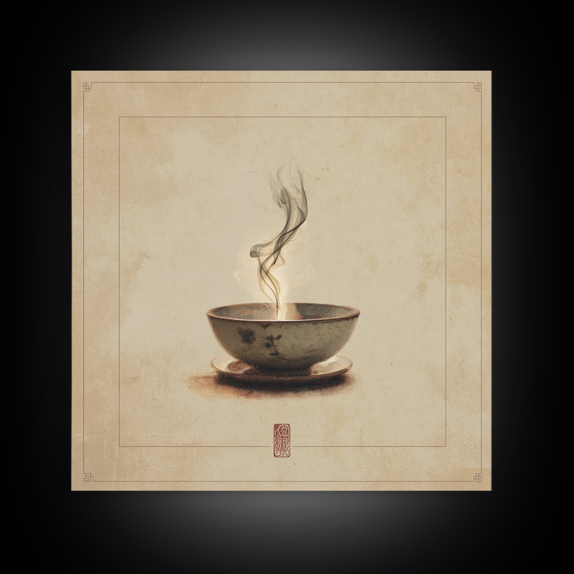 Tea Bowl with Steam Rising Gently Framed Canvas Print, Zen Art, Statement Artwork, Living Room Decor, Fine Art, Zen, ZEN-1x1-80
