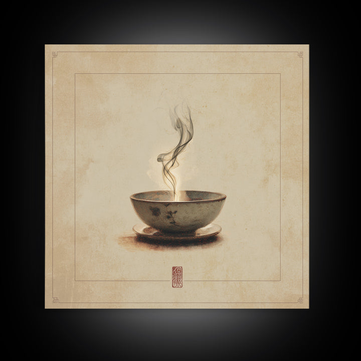Tea Bowl with Steam Rising Gently Framed Canvas Print, Zen Art, Statement Artwork, Living Room Decor, Fine Art, Zen, ZEN-1x1-80