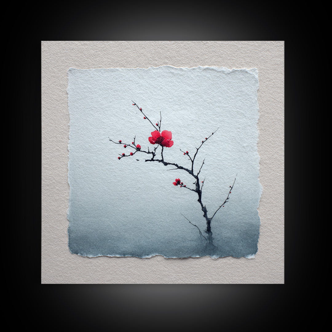 Black Branch with One Red Blossom Canvas Print, Zen Art, Abstract Art, Living Room Decor, Oil Painting, Zen, Wabi Sabi Wall Art, ZEN-1x1-81