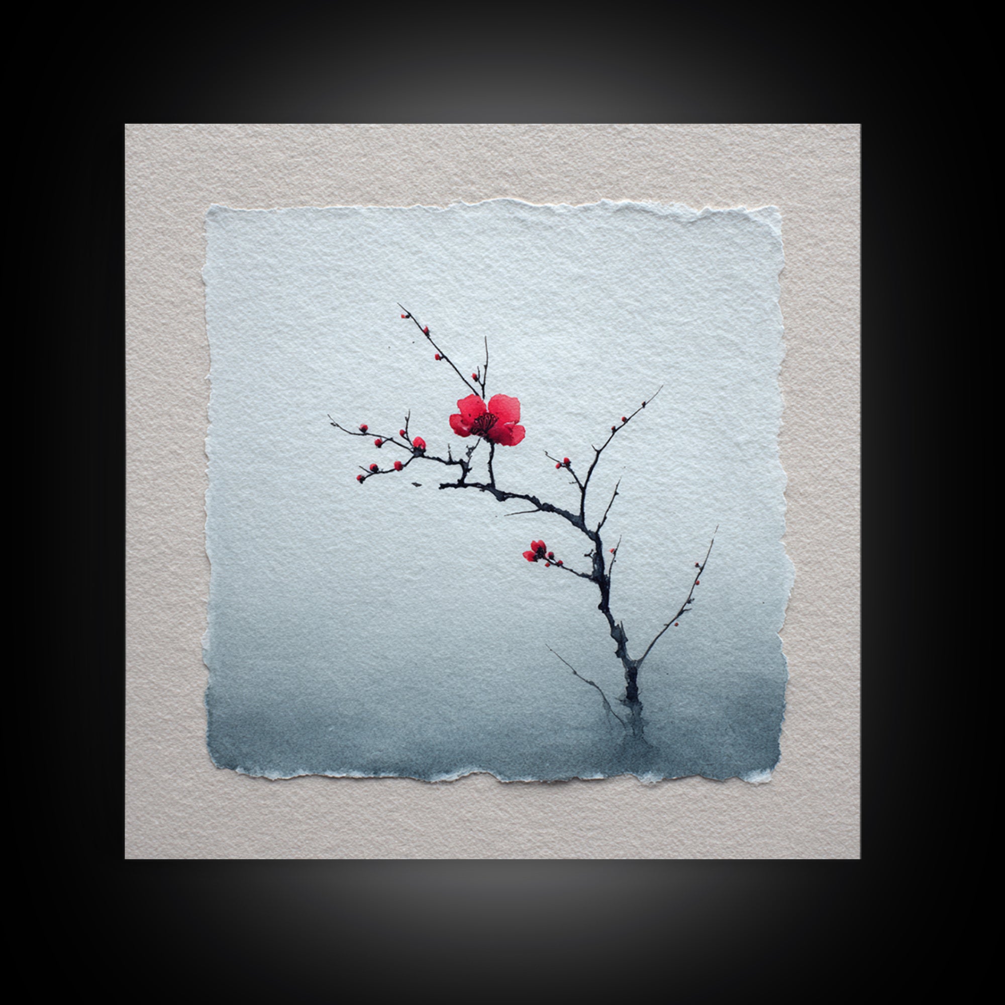 Black Branch with One Red Blossom Canvas Print, Zen Art, Abstract Art, Living Room Decor, Oil Painting, Zen, Wabi Sabi Wall Art, ZEN-1x1-81