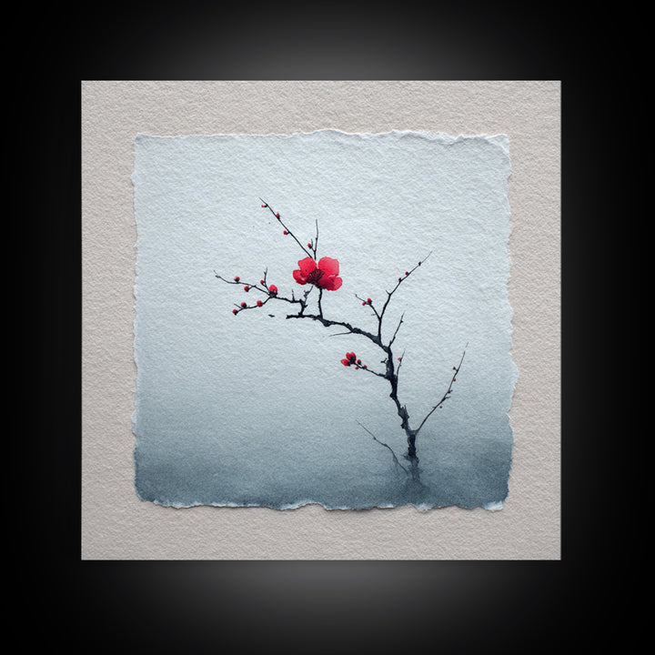 Black Branch with One Red Blossom Canvas Print, Zen Art, Abstract Art, Living Room Decor, Oil Painting, Zen, Wabi Sabi Wall Art, ZEN-1x1-81