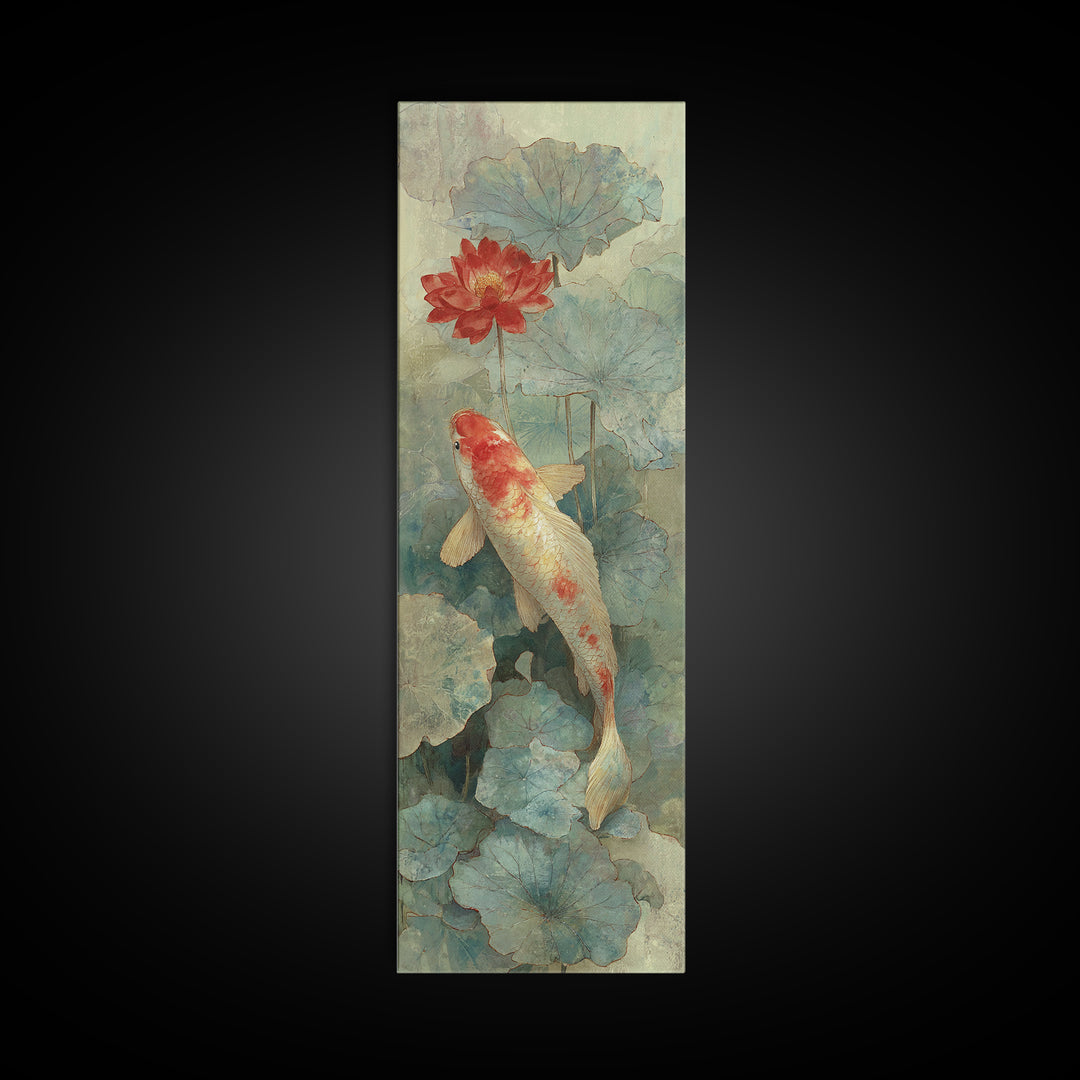 Koi Fish Beneath Floating Lotus Leaves Canvas Print, Zen Art, Abstract Art, Living Room Decor, Watercolor Art, Zen, ZEN-1x3-16
