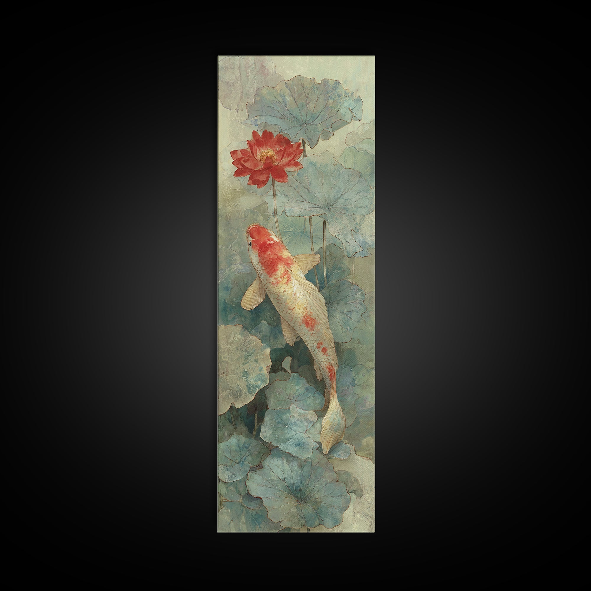 Koi Fish Beneath Floating Lotus Leaves Canvas Print, Zen Art, Abstract Art, Living Room Decor, Watercolor Art, Zen, ZEN-1x3-16