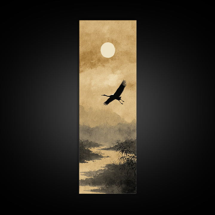 Crane Flying Across Pale Sun Canvas Print, Zen Art, Beach Decor, Living Room Decor, Abstract Art, Zen, Modern Decor, ZEN-1x3-60