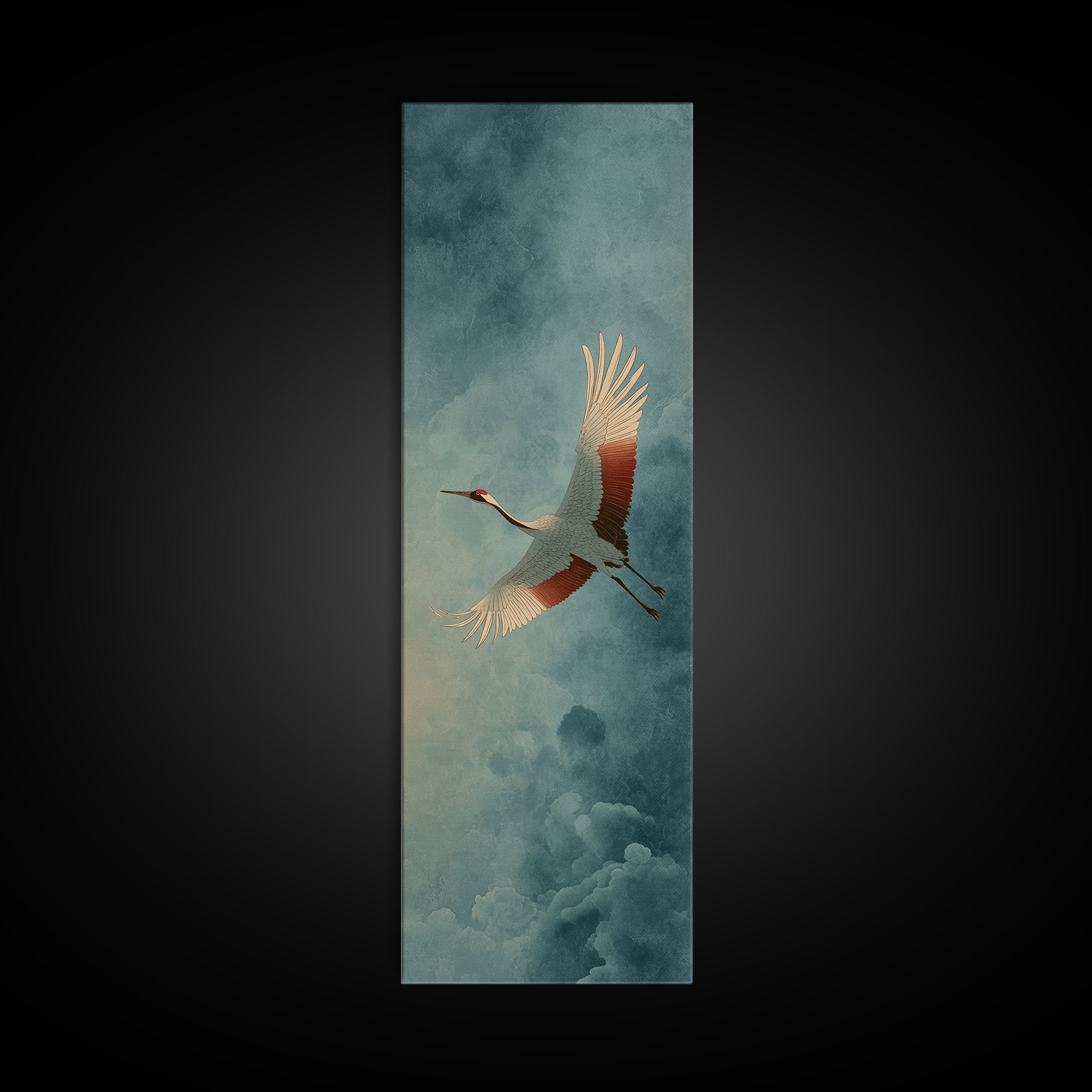 Crane Flying Across Pale Sun Framed Canvas Print, Zen Art, Flower Print, Living Room Decor, Fine Art, Zen, Textured Painting, ZEN-1x3-84