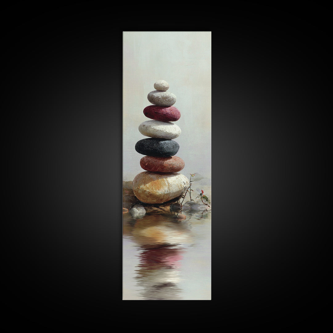 Stacked Stones Beside Still Water Framed Canvas Print, Zen Art, Wall Decor, Living Room Decor, Fine Art, Zen, Japanese Wall Art, ZEN-1x3-87