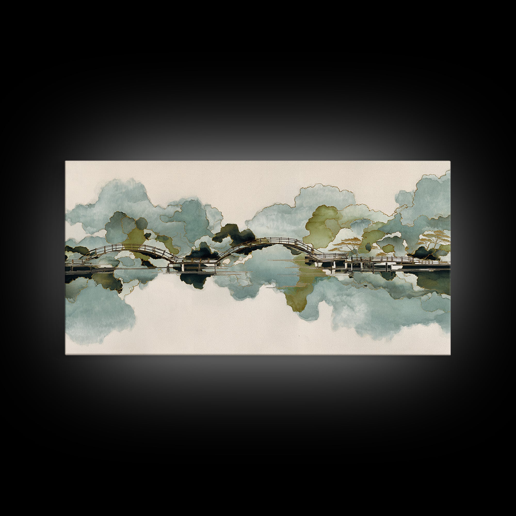 Japanese Garden Bridge Implied Through Shapes Framed Canvas Print, Zen Art, Art Print, Living Room Decor, Watercolor Art, Zen, ZEN-2x1-10