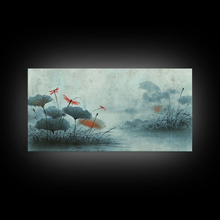 Dragonfly over Lotus Pond Framed Canvas Print, Zen Art, Room Decor, Living Room Decor, Fine Art, Zen, Canvas Wall Art, ZEN-2x1-12
