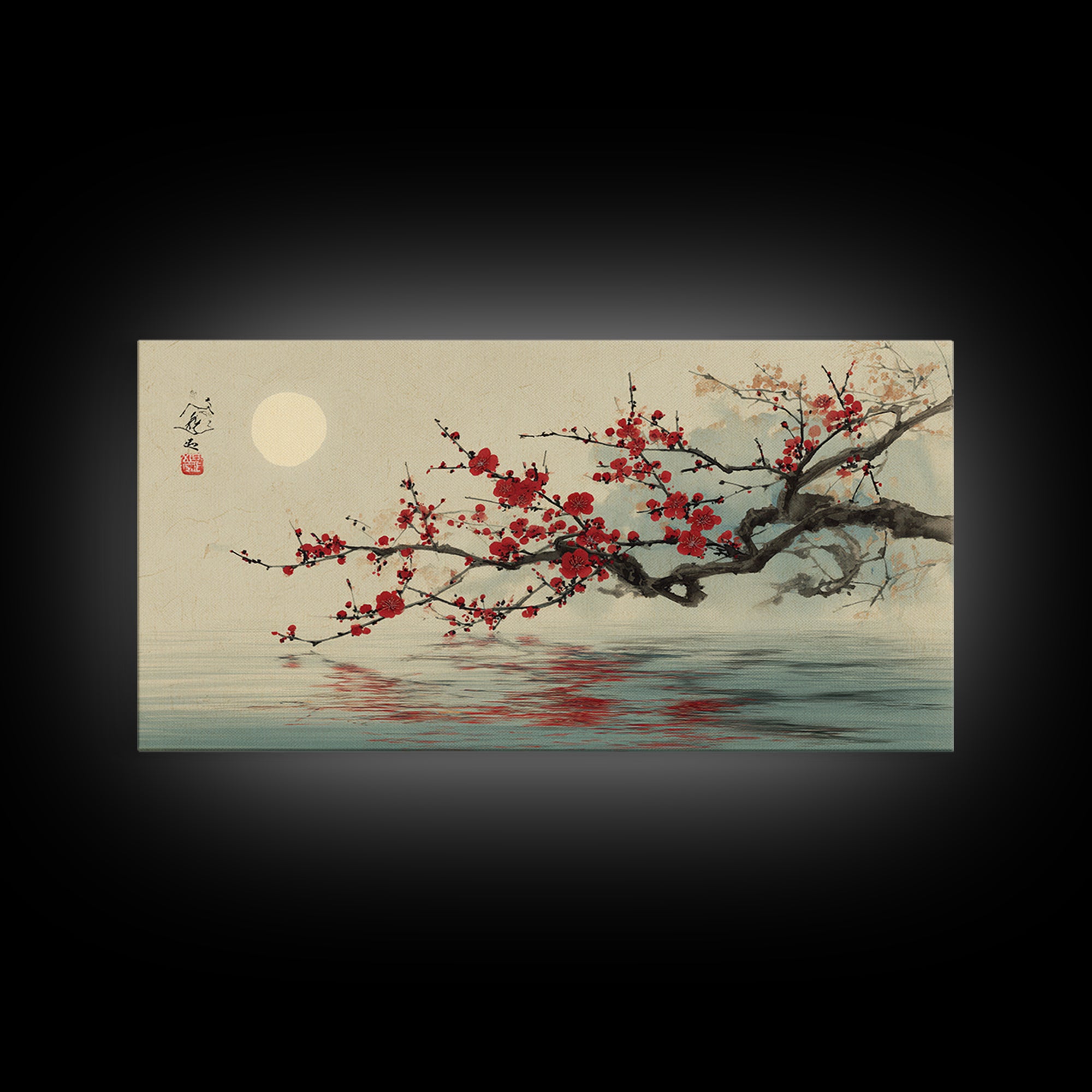 Black Branch with One Red Blossom Framed Canvas Print, Zen Art, Japanese Wall Art, Living Room Decor, Watercolor Art, Zen, ZEN-2x1-29