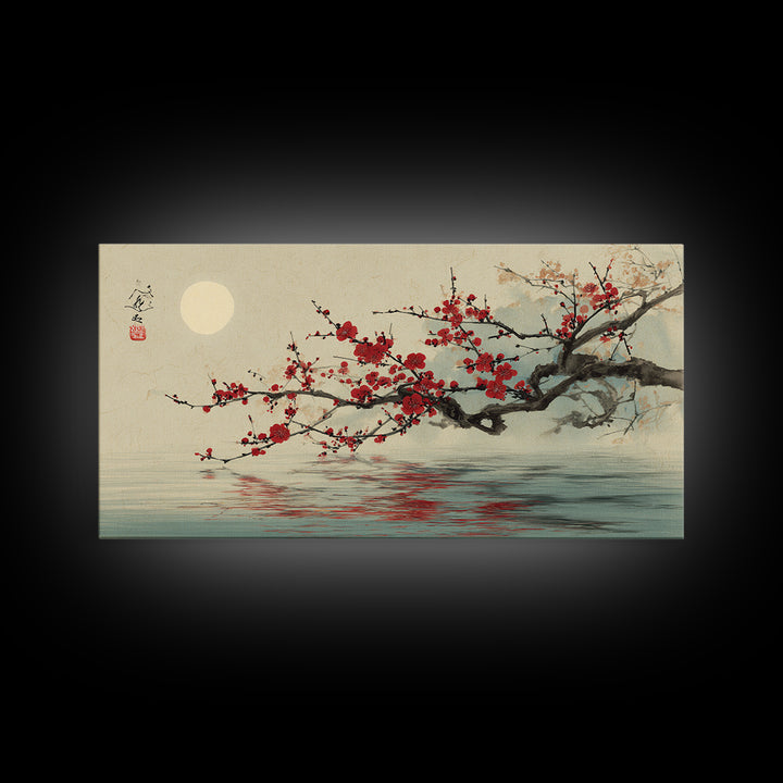 Black Branch with One Red Blossom Framed Canvas Print, Zen Art, Japanese Wall Art, Living Room Decor, Watercolor Art, Zen, ZEN-2x1-29
