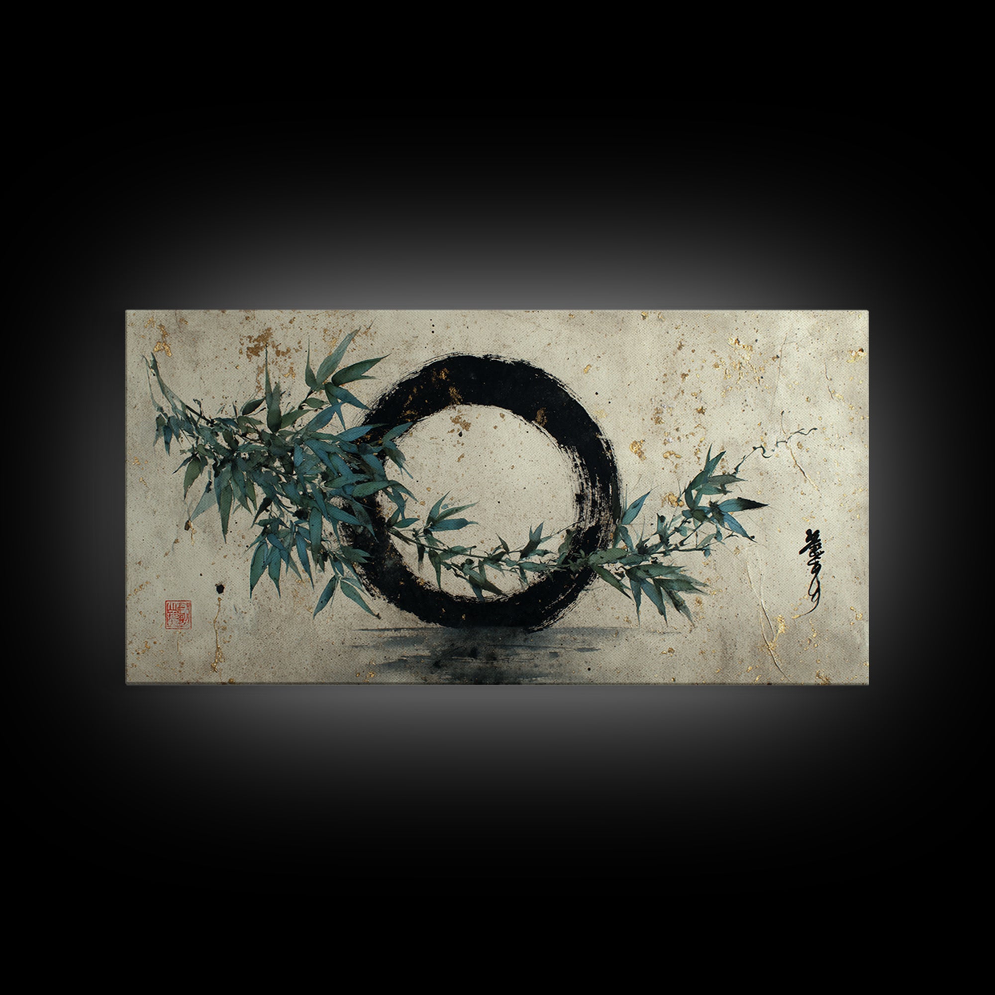 Single Black Ens Circle on Warm Paper Framed Canvas Print, Zen Art, Japandi Wall Art, Living Room Decor, Fine Art, Zen, ZEN-2x1-45