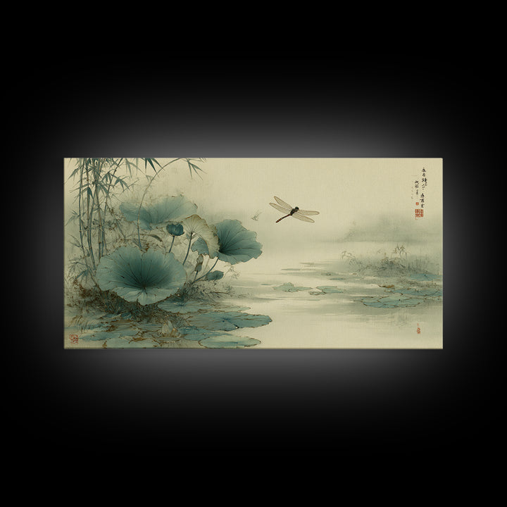 Dragonfly over Lotus Pond Framed Canvas Print, Zen Art, Large Wall Art, Living Room Decor, Oil Painting, Zen, Beach Decor, ZEN-2x1-60