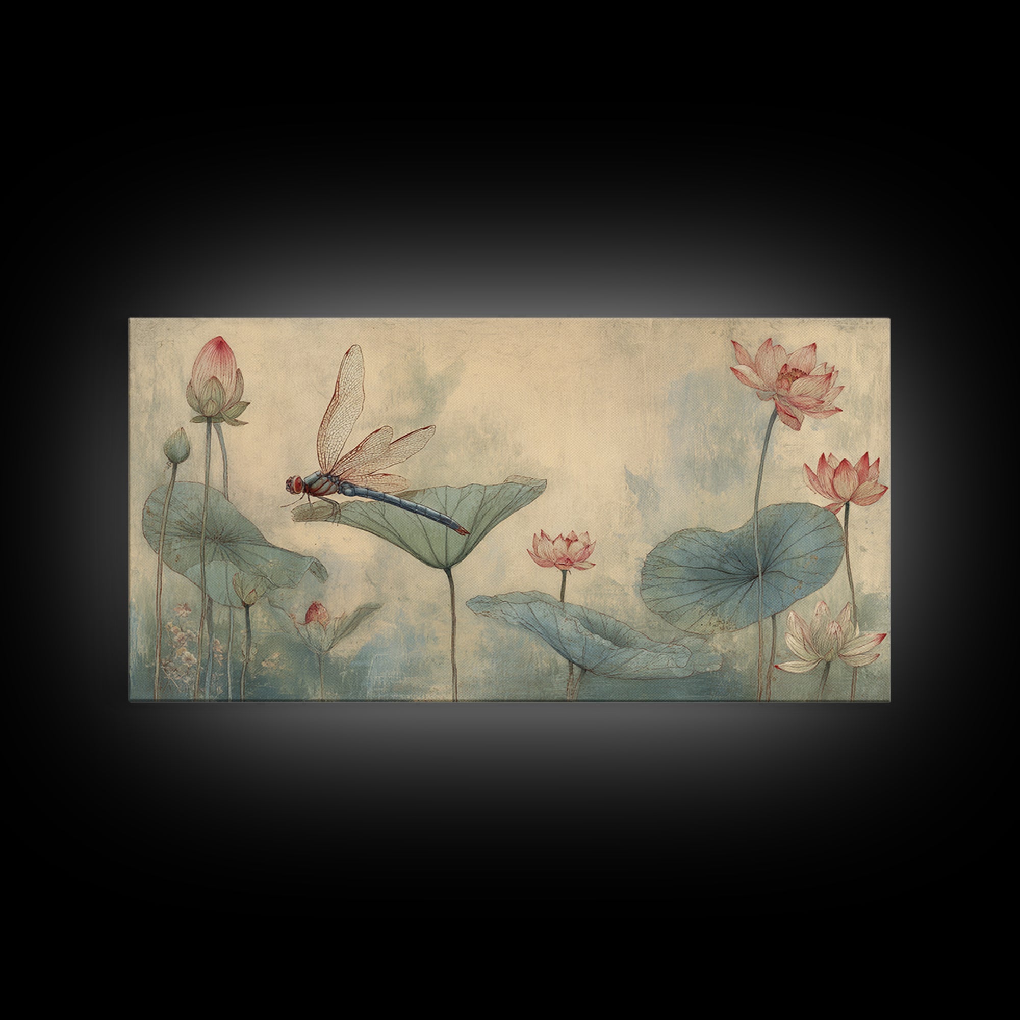 Dragonfly over Lotus Pond Framed Canvas Print, Zen Art, Japandi Wall Art, Living Room Decor, Fine Art, Zen, Neutral Decor, ZEN-2x1-84