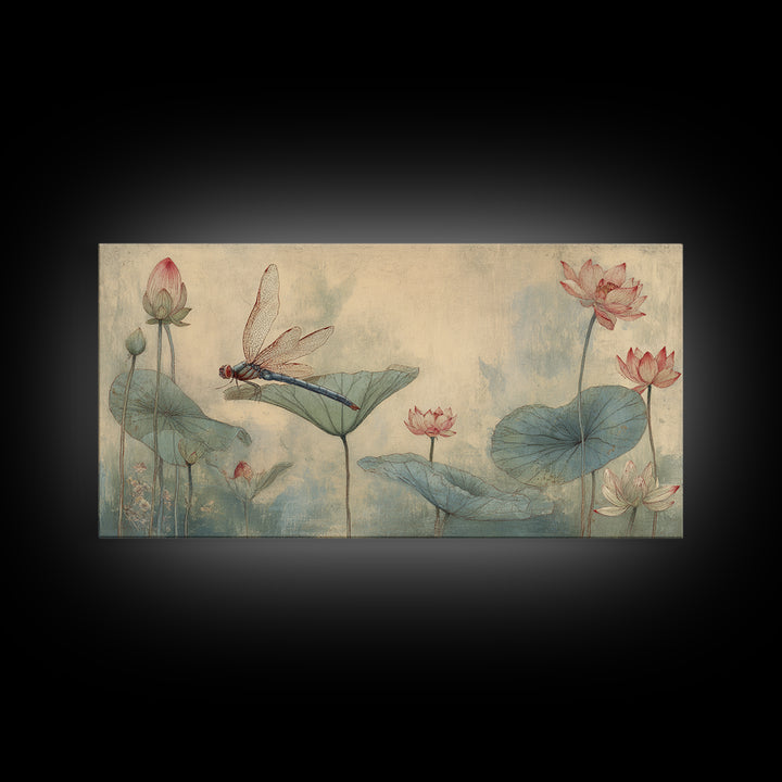 Dragonfly over Lotus Pond Framed Canvas Print, Zen Art, Japandi Wall Art, Living Room Decor, Fine Art, Zen, Neutral Decor, ZEN-2x1-84