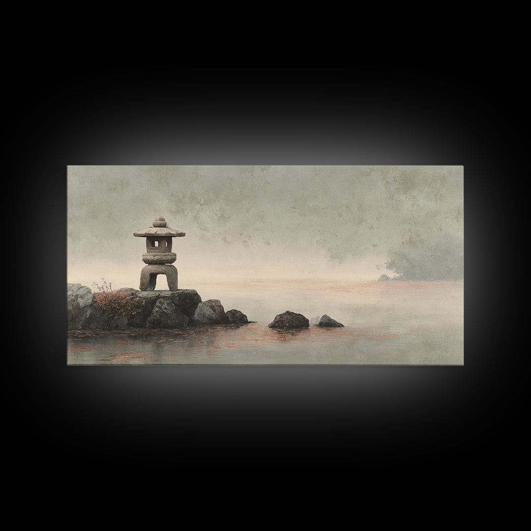 Stone Lantern in Morning Fog Without Garden Framed Canvas Print, Zen Art, Digital Print, Living Room Decor, Fine Art, Zen, ZEN-2x1-86