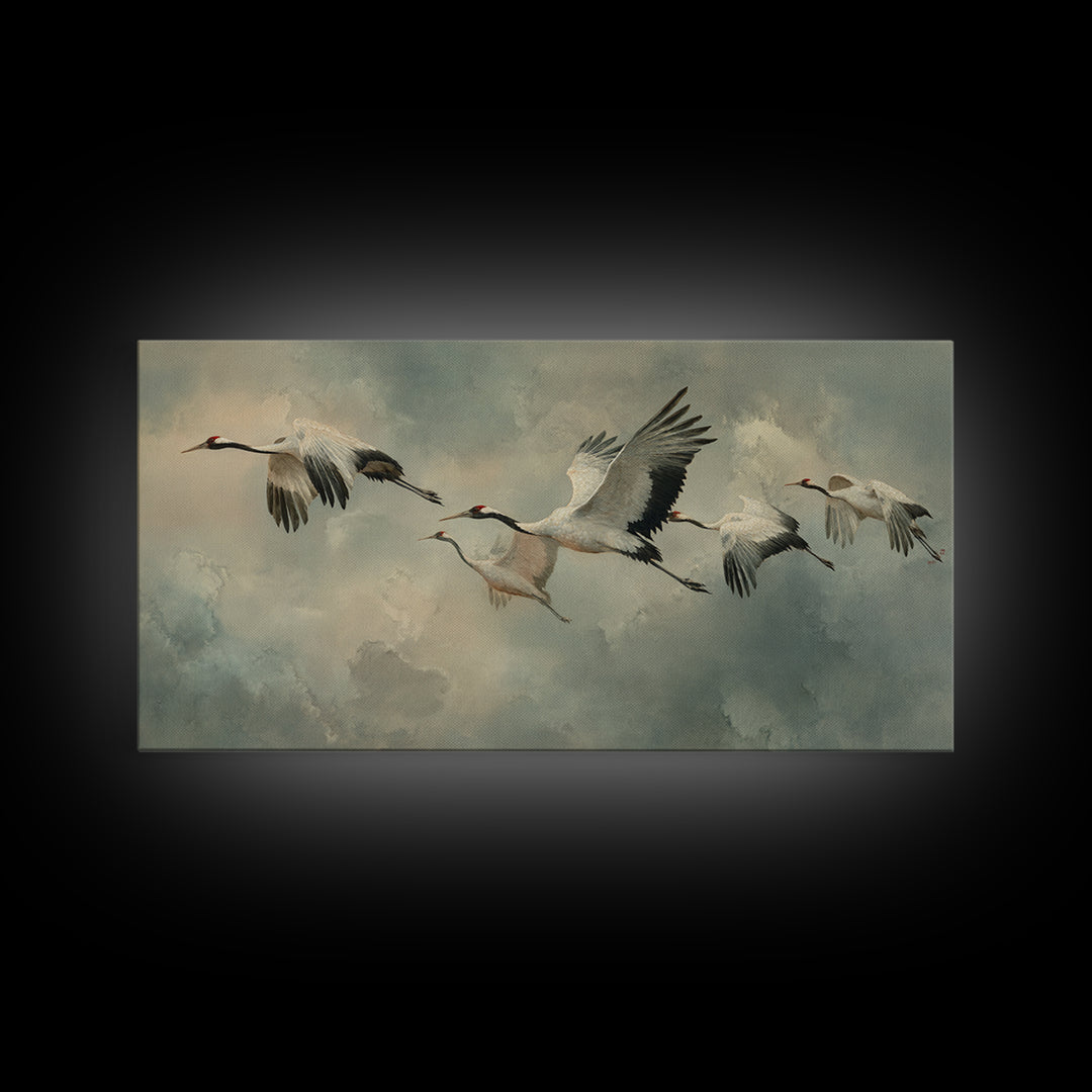 Crane Flying Across Pale Sun Framed Canvas Print, Zen Art, Japanese Wall Art, Living Room Decor, Oil Painting, Zen, ZEN-2x1-92
