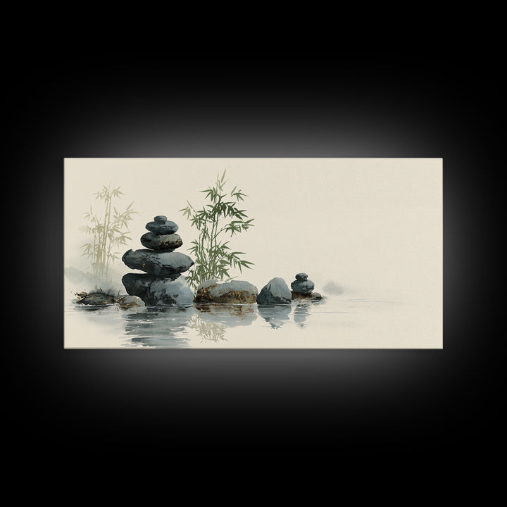 Stacked Stones Beside Still Water Framed Canvas Print, Zen Art, Statement Artwork, Living Room Decor, Fine Art, Zen, ZEN-2x1-95