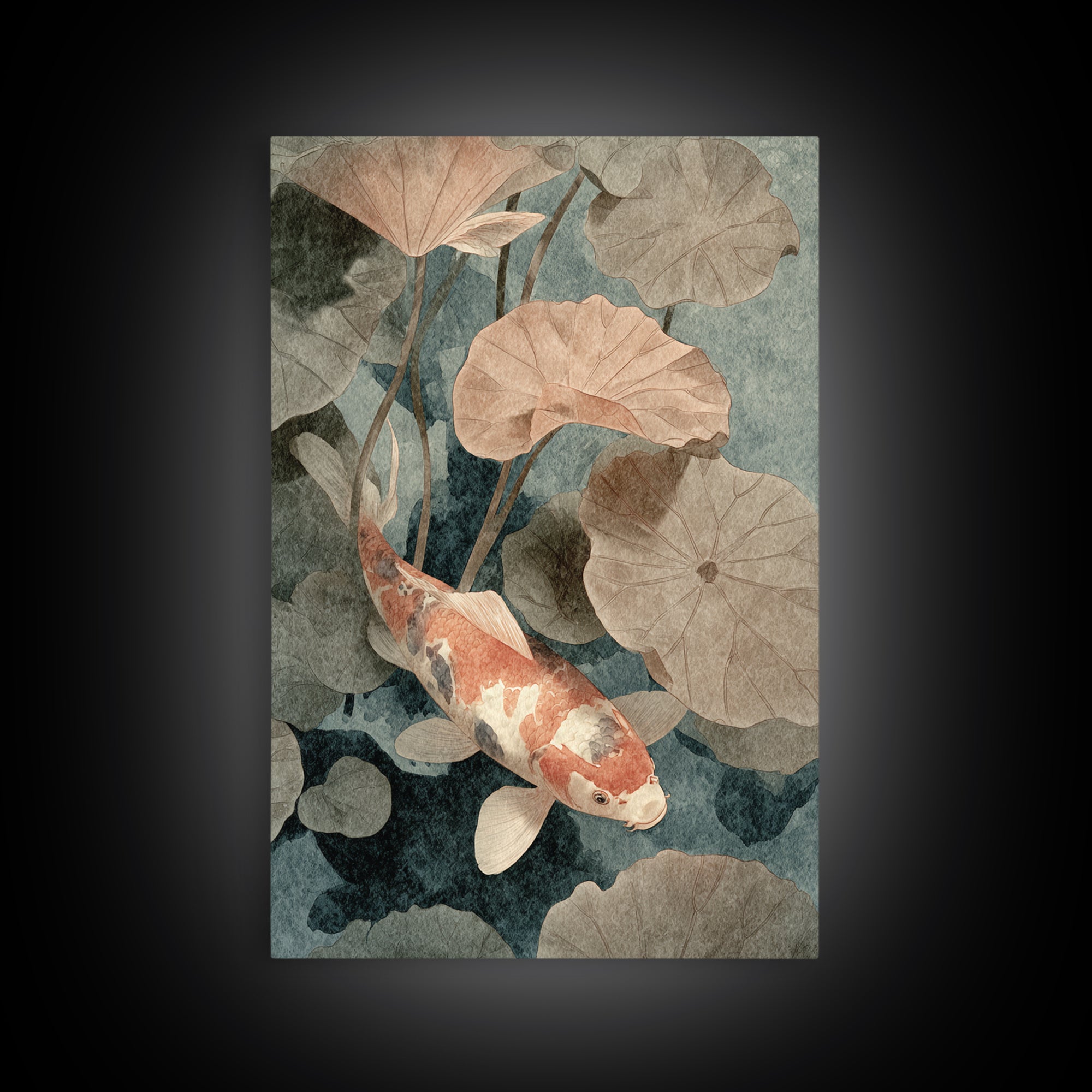 Koi Fish Beneath Floating Lotus Leaves Framed Canvas Print, Zen Art, Japanese Wall Art, Living Room Decor, Oil Painting, Zen, ZEN-2x3-12