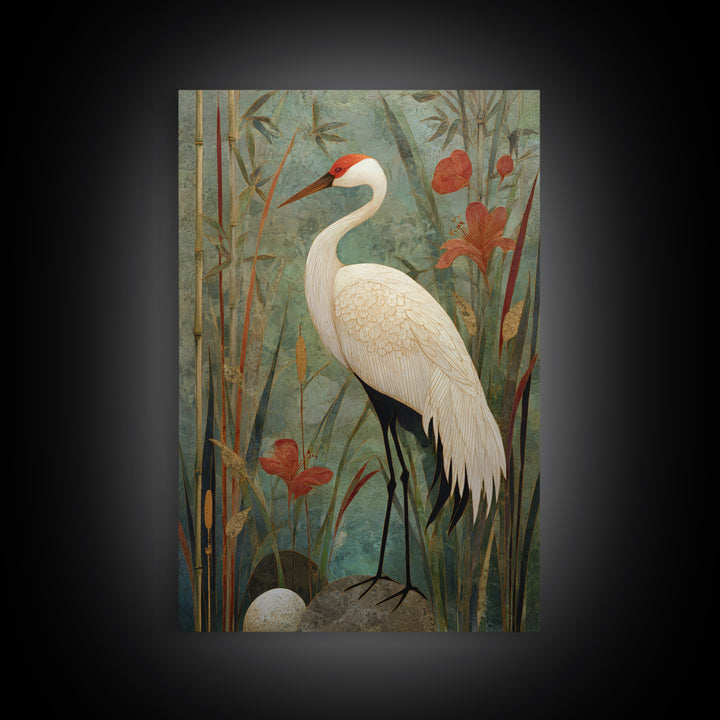 White Crane Standing Canvas Print, Zen Art, Abstract Art, Living Room Decor, Zen, Wabi Sabi Wall Art, Extra Large Wall Art, ZEN-2x3-15
