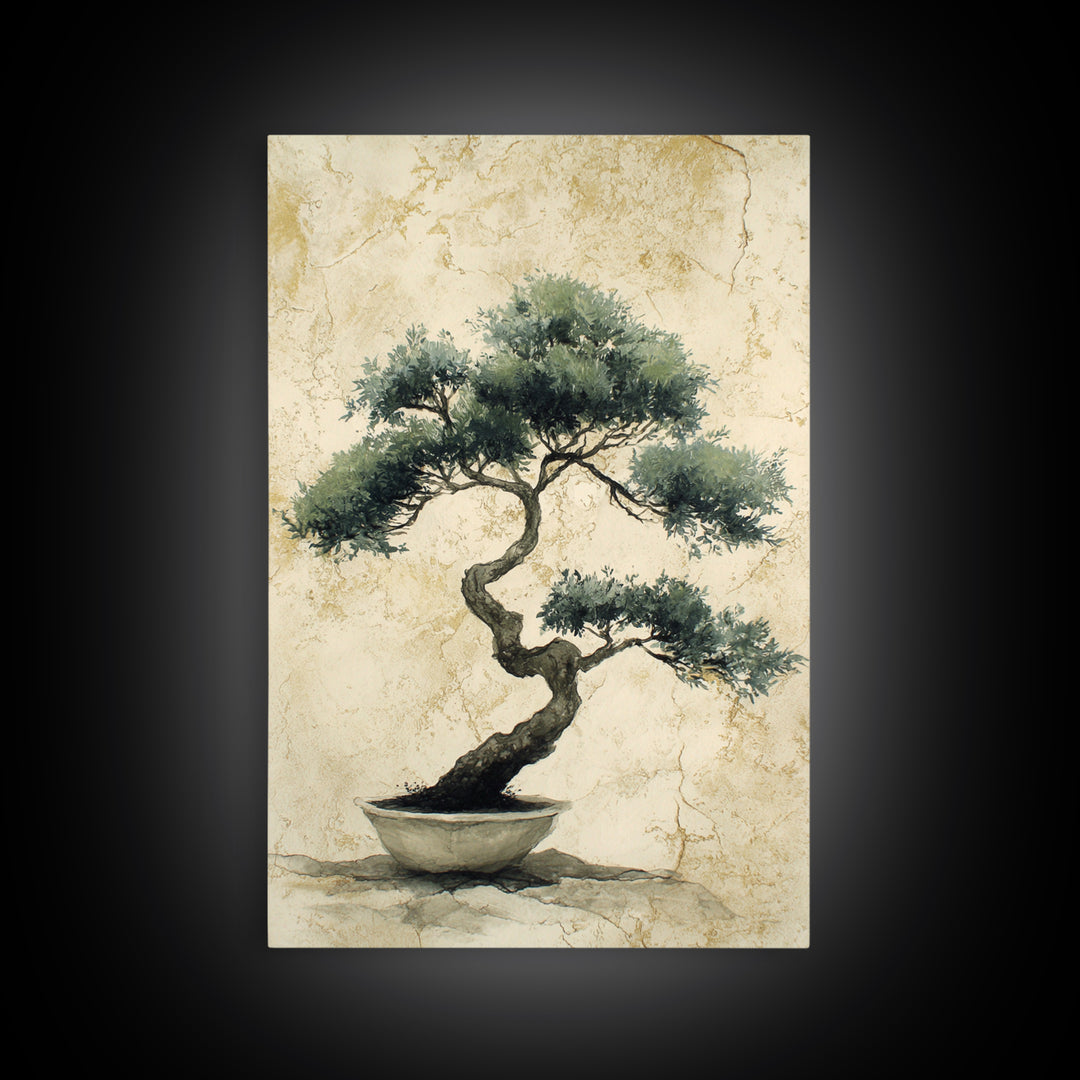 Bonsai Tree in Simple Ceramic Pot Framed Canvas Print, Zen Art, Extra Large Wall Art, Living Room Decor, Oil Painting, Zen, ZEN-2x3-20
