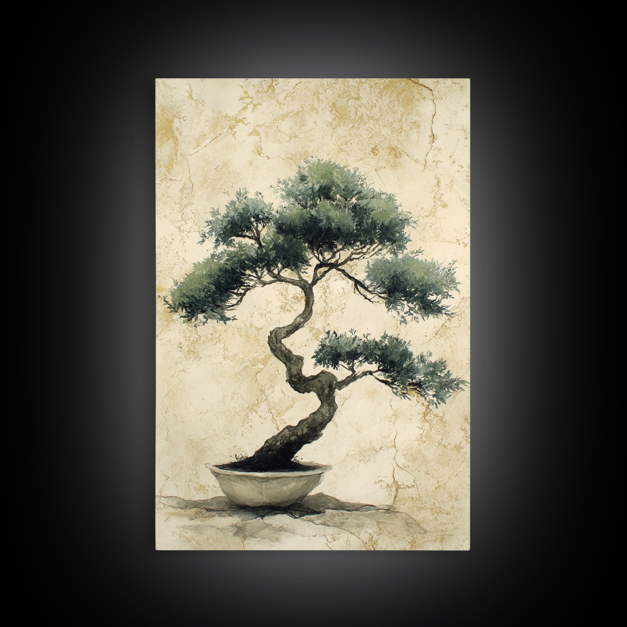 Bonsai Tree in Simple Ceramic Pot Framed Canvas Print, Zen Art, Extra Large Wall Art, Living Room Decor, Oil Painting, Zen, ZEN-2x3-20
