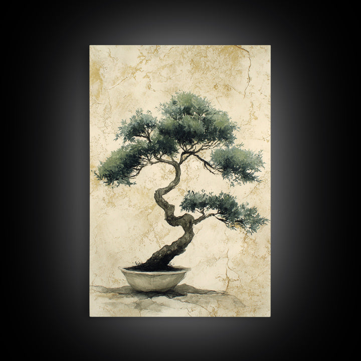 Bonsai Tree in Simple Ceramic Pot Framed Canvas Print, Zen Art, Extra Large Wall Art, Living Room Decor, Oil Painting, Zen, ZEN-2x3-20