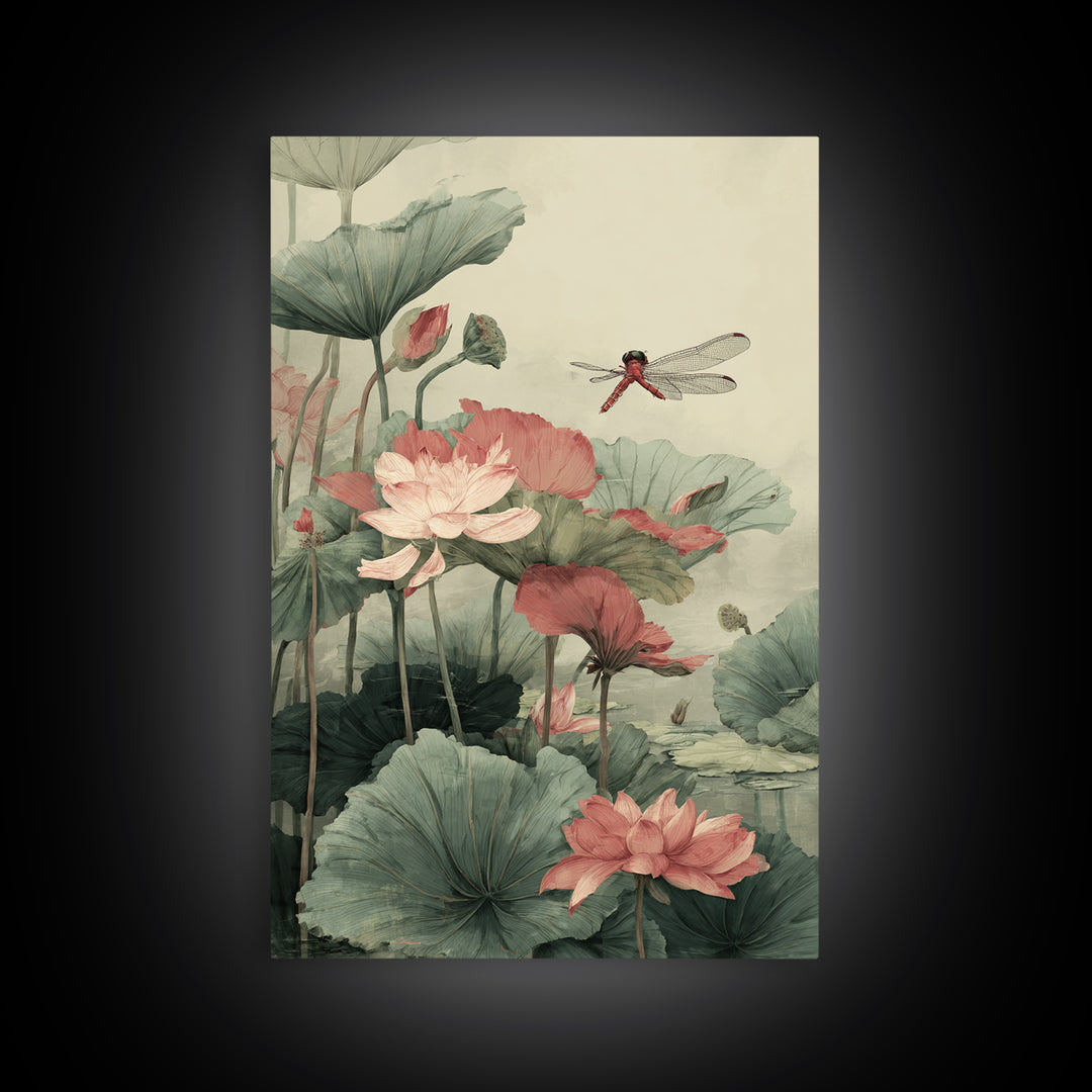 Dragonfly over Lotus Pond Framed Canvas Print, Zen Art, Minimalist Decor, Living Room Decor, Fine Art, Zen, Printable Art, ZEN-2x3-24