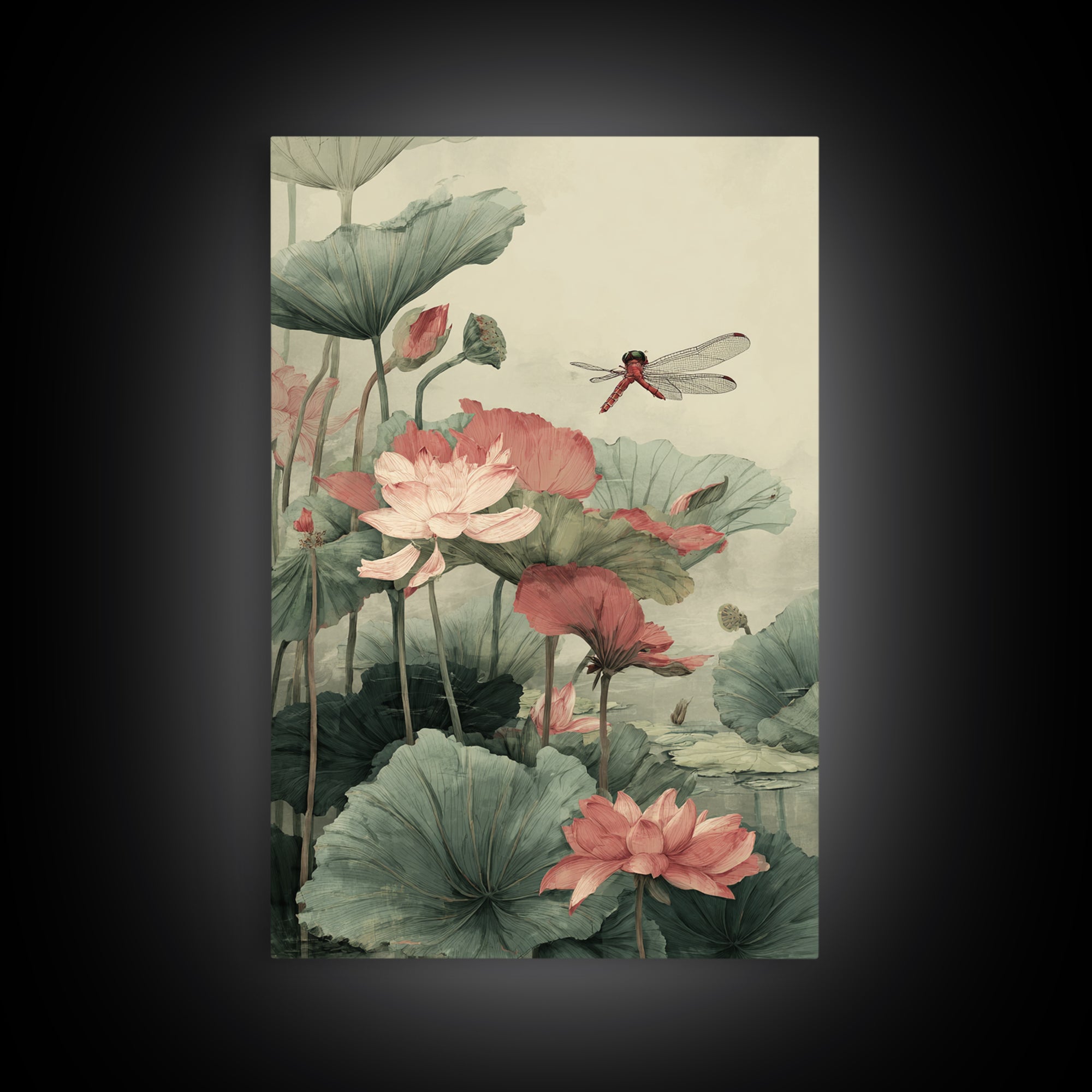 Dragonfly over Lotus Pond Framed Canvas Print, Zen Art, Minimalist Decor, Living Room Decor, Fine Art, Zen, Printable Art, ZEN-2x3-24
