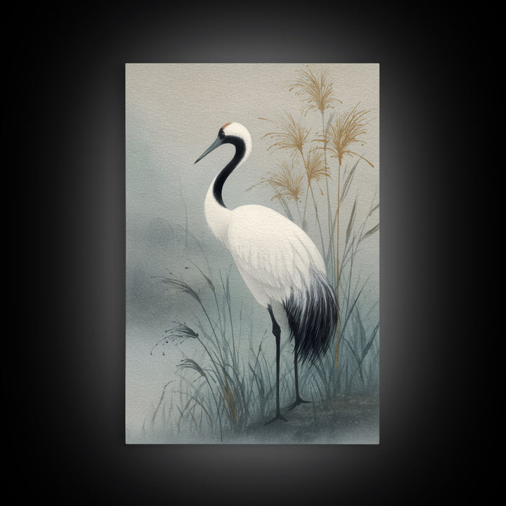 White Crane Standing Canvas Print, Zen Art, Minimalist Wall Art, Living Room Decor, Zen, Fine Art Print, Statement Artwork, ZEN-2x3-39