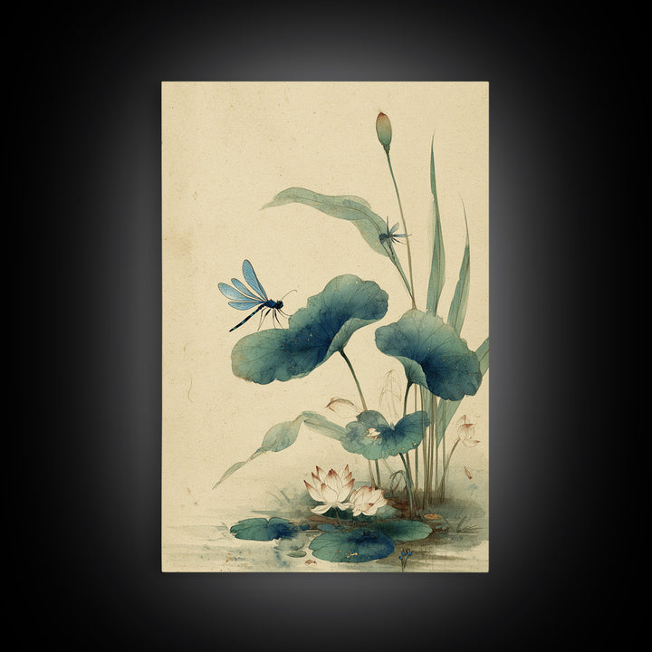 Dragonfly over Lotus Pond Framed Canvas Print, Zen Art, Living Room Decor, Watercolor Art, Zen, Extra Large Wall Art, ZEN-2x3-48