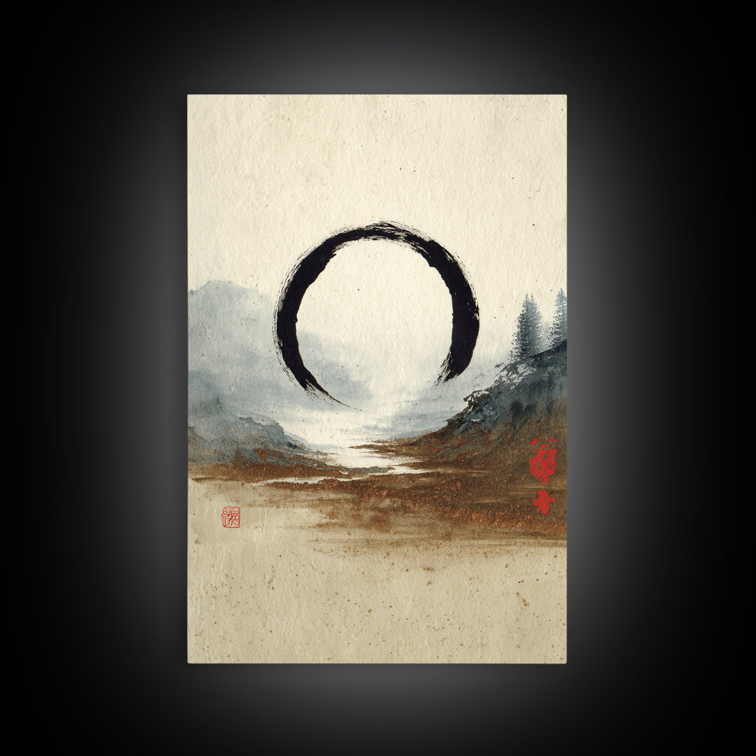 Single Black Ens Circle on Warm Paper Canvas Print, Zen Art, Wabi Sabi Art, Living Room Decor, Oil Painting, Zen, ZEN-2x3-57