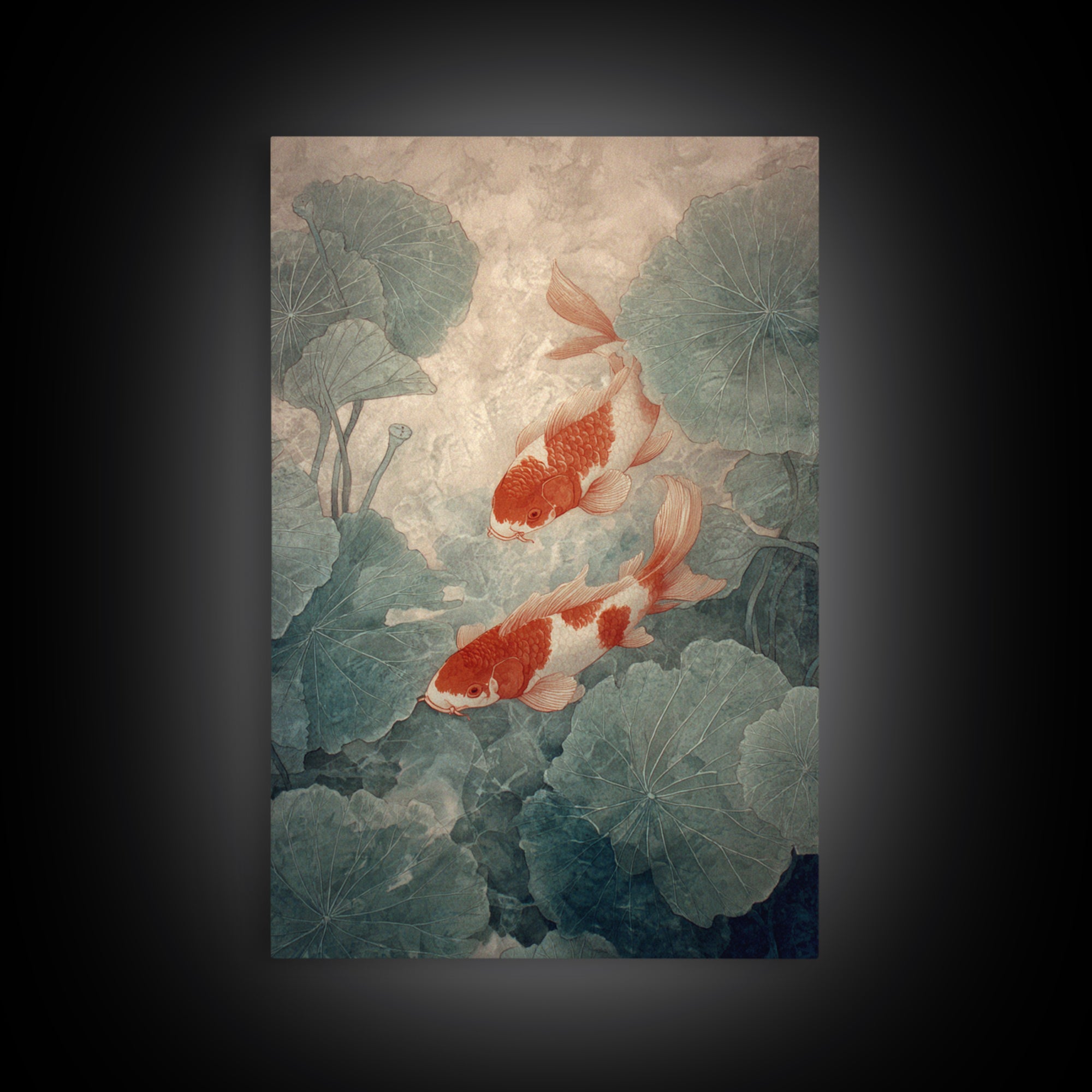 Koi Fish Beneath Floating Lotus Leaves Framed Canvas Print, Zen Art, Japandi Wall Art, Living Room Decor, Fine Art, Zen, ZEN-2x3-60