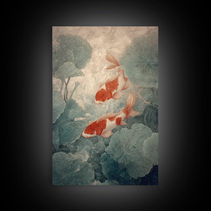 Koi Fish Beneath Floating Lotus Leaves Framed Canvas Print, Zen Art, Japandi Wall Art, Living Room Decor, Fine Art, Zen, ZEN-2x3-60