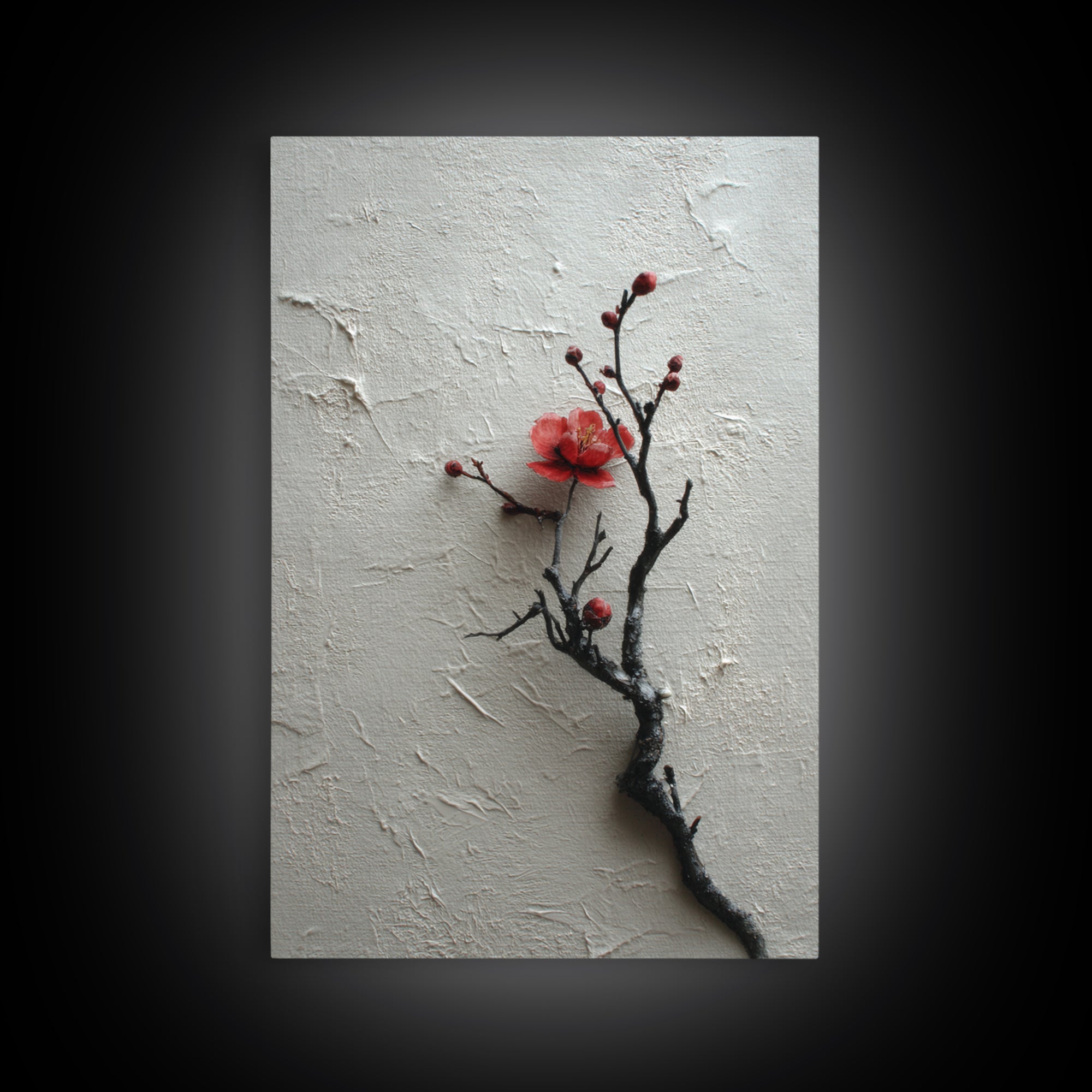 Black Branch with One Red Blossom Canvas Print, Zen Art, Japanese Decor, Living Room Decor, Oil Painting, Zen, Luxury Decor, ZEN-2x3-65