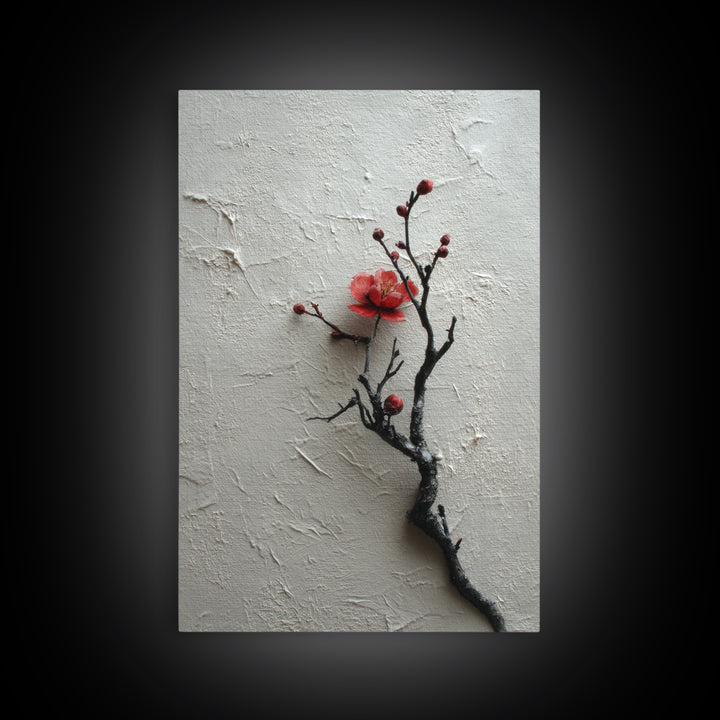 Black Branch with One Red Blossom Canvas Print, Zen Art, Japanese Decor, Living Room Decor, Oil Painting, Zen, Luxury Decor, ZEN-2x3-65