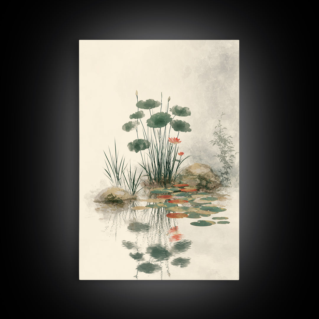 Moon Reflected in Quiet Pond Canvas Print, Zen Art, Living Room Decor, Oil Painting, Zen, Japanese Decor, Flower Print, ZEN-2x3-66