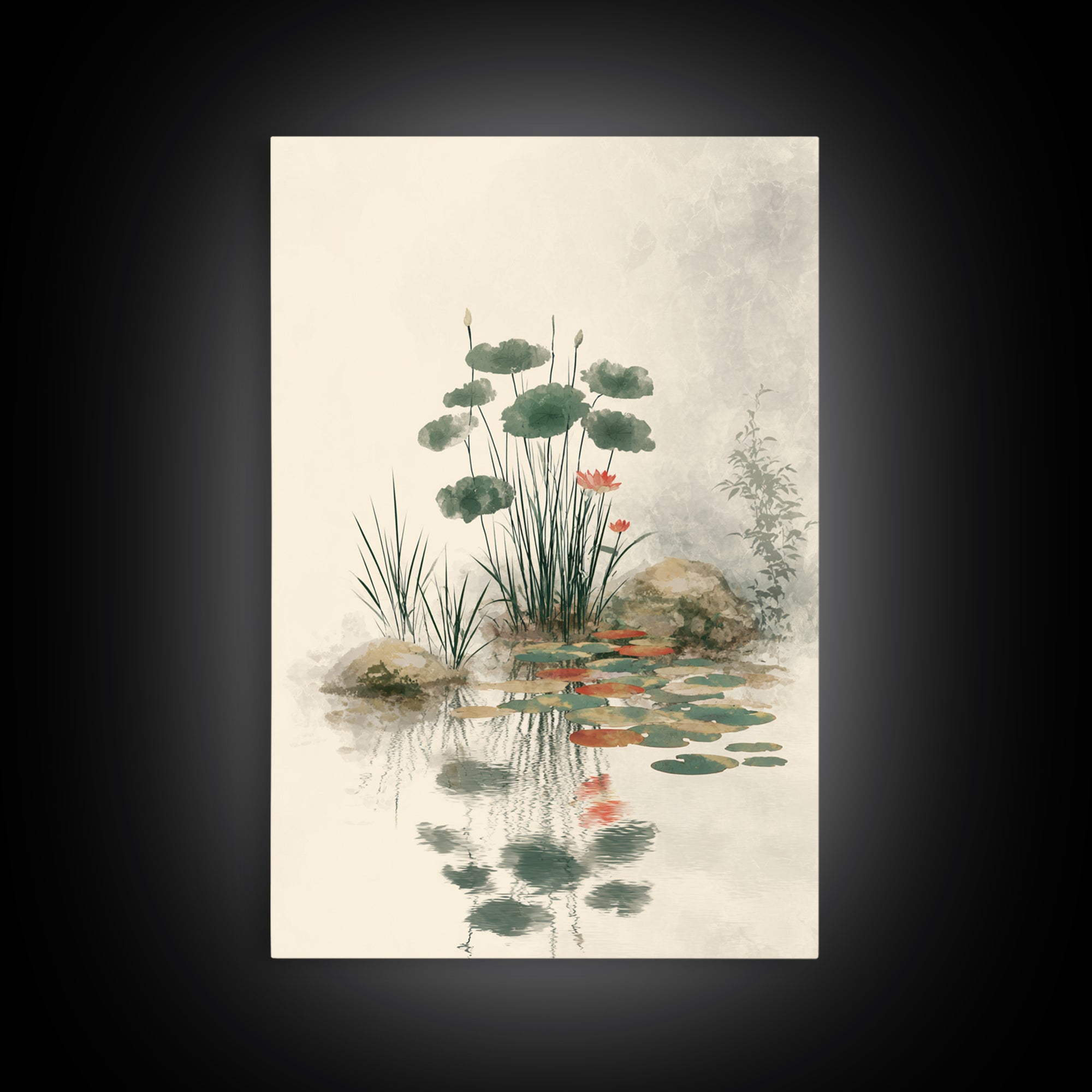 Moon Reflected in Quiet Pond Canvas Print, Zen Art, Living Room Decor, Oil Painting, Zen, Japanese Decor, Flower Print, ZEN-2x3-66