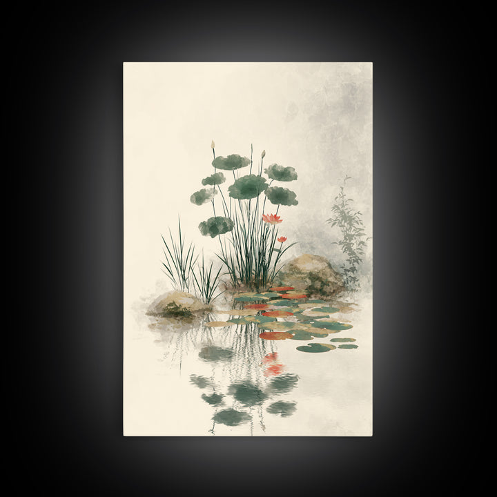Moon Reflected in Quiet Pond Canvas Print, Zen Art, Living Room Decor, Oil Painting, Zen, Japanese Decor, Flower Print, ZEN-2x3-66