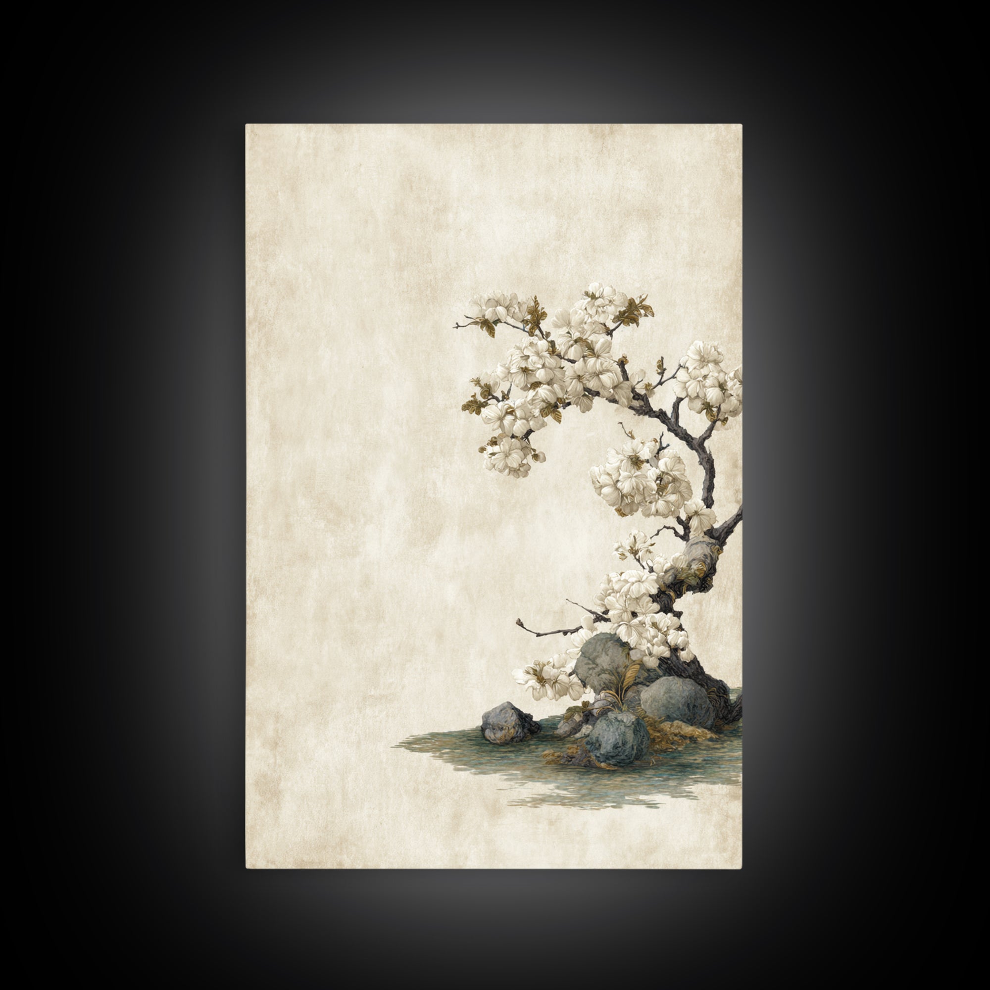 Falling Cherry Blossoms on Cream Ground Framed Canvas Print, Zen Art, Statement Artwork, Living Room Decor, Fine Art, Zen, ZEN-2x3-76