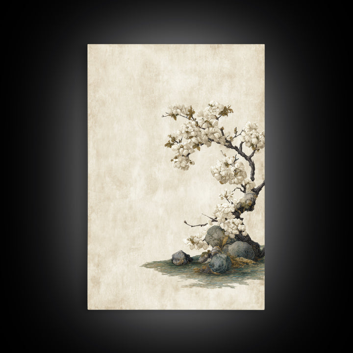 Falling Cherry Blossoms on Cream Ground Framed Canvas Print, Zen Art, Statement Artwork, Living Room Decor, Fine Art, Zen, ZEN-2x3-76
