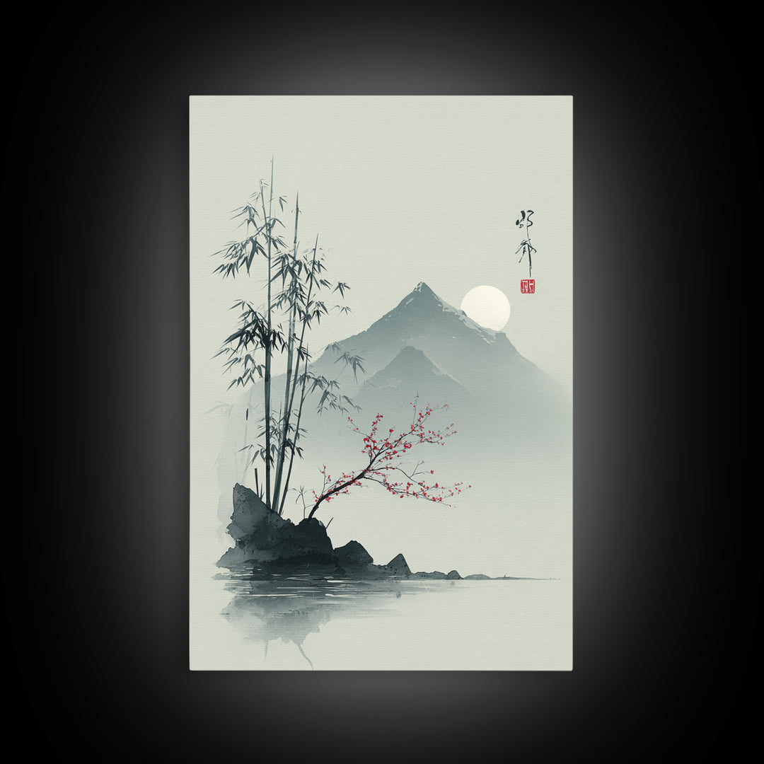 Minimal Mountain in Fog with Empty Space Framed Canvas Print, Zen Art, Contemporary Art, Living Room Decor, Oil Painting, Zen, ZEN-2x3-85