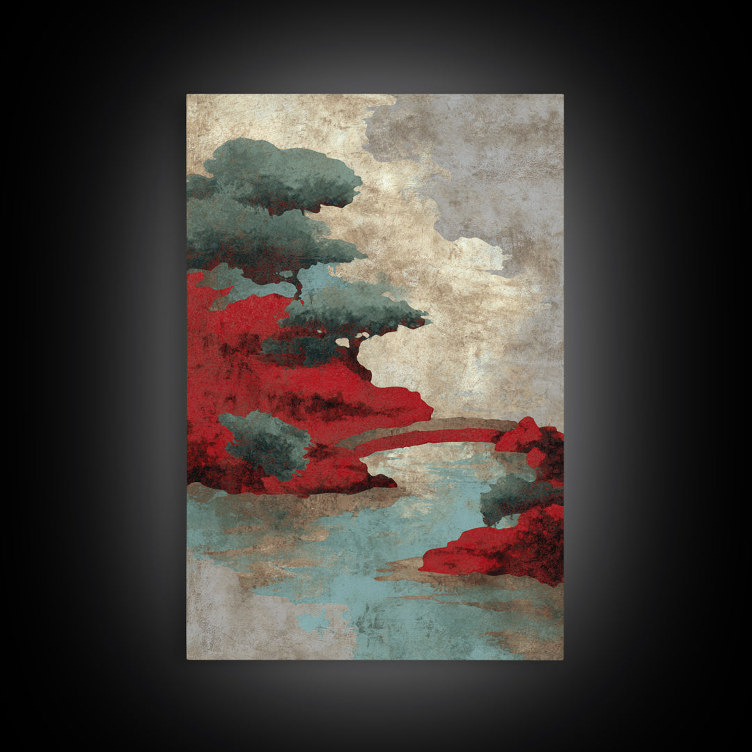 Japanese Garden Bridge Implied Through Shapes Framed Canvas Print, Zen Art, Japandi Wall Art, Living Room Decor, Watercolor Art, ZEN-2x3-94