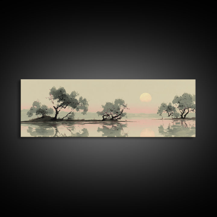 Moon Reflected in Quiet Pond Framed Canvas Print, Zen Art, Garden Art, Living Room Decor, Fine Art, Zen, Neutral Wall Art, ZEN-3x1-2