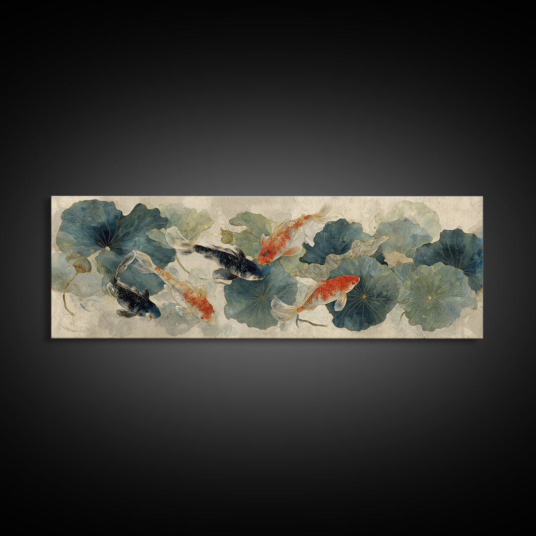 Koi Fish Beneath Floating Lotus Leaves Canvas Print, Zen Art, Neutral Wall Art, Living Room Decor, Fine Art, Zen, ZEN-3x1-20